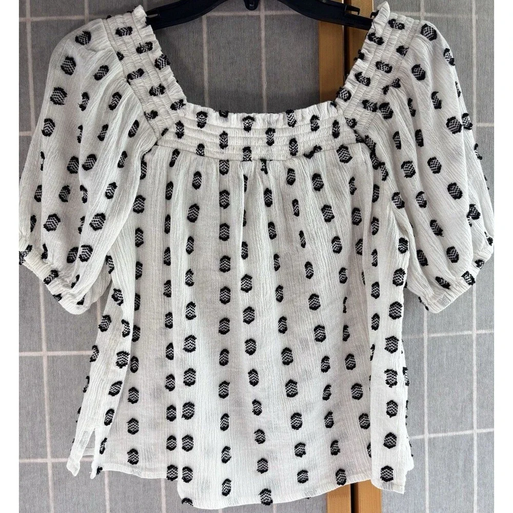 Loft Blouse Women's SP Petite Small White Black 3D Textured Embellished Puff